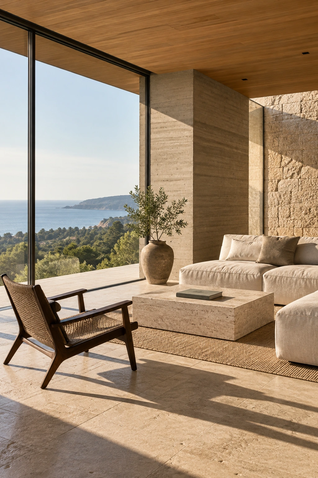 Interior contemporáneo con piedra natural, madera y vista costera. Imagen referencial generada con IA.